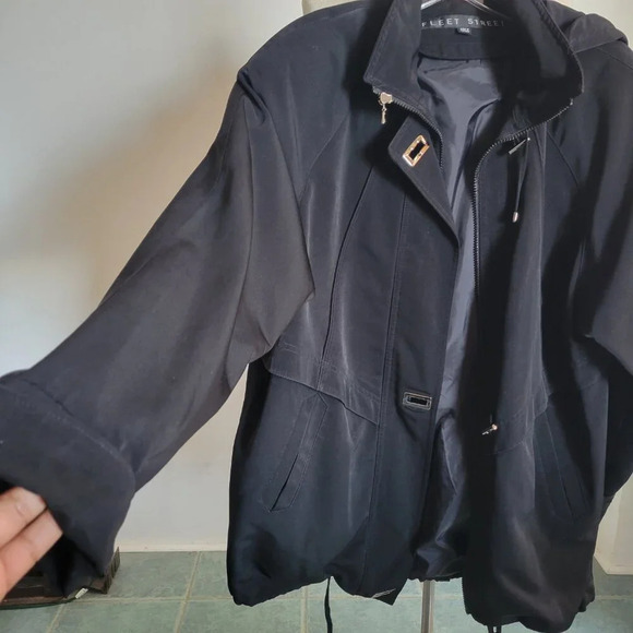 Fleet Street Black Trench Coat M, Drawstring Waist, Detachable Hood, Fall Office - Picture 5 of 14